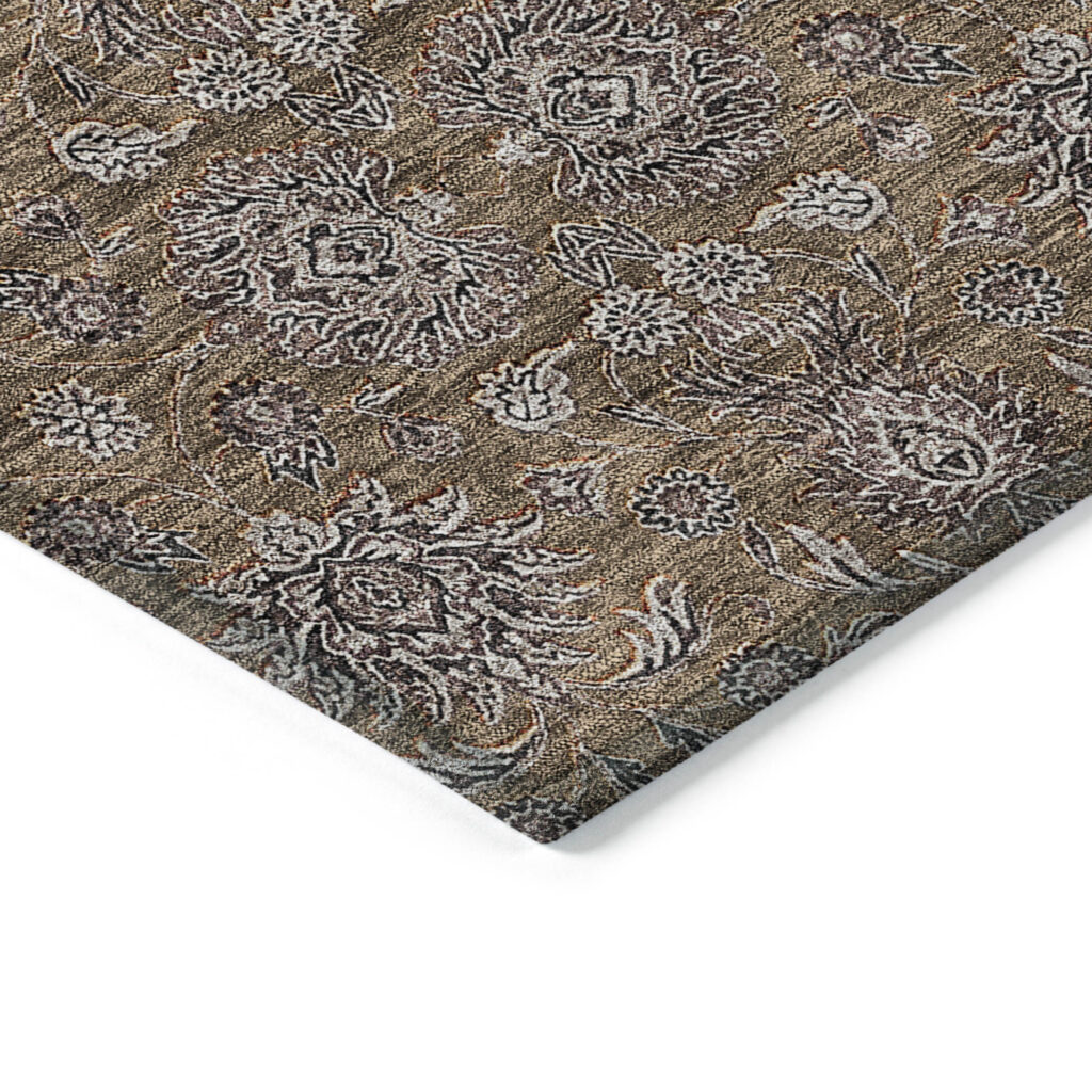 9' X 12' Chocolate And Gray Floral Washable Indoor Outdoor Area Rug
