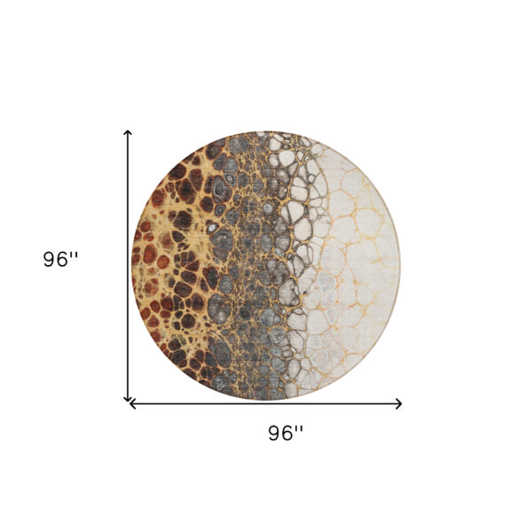 8' Ivory Gray And Gold Round Abstract Washable Indoor Outdoor Area Rug