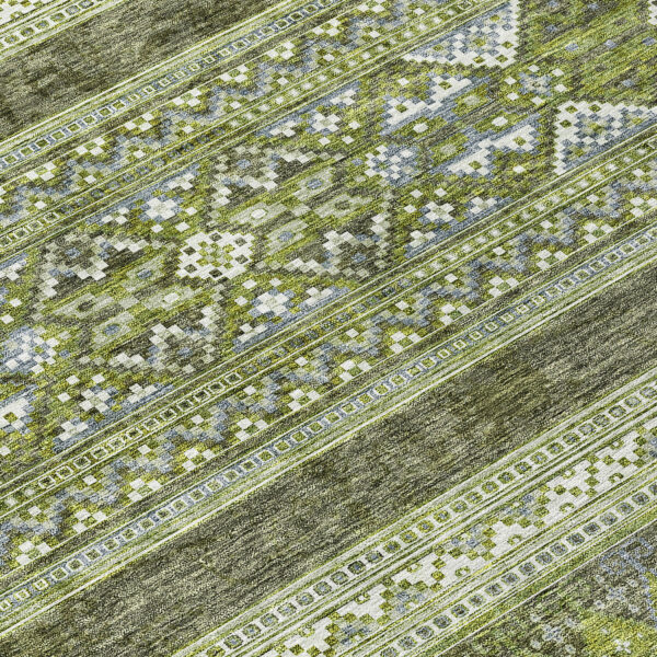 5' X 8' Olive Green And Artichoke Green Southwestern Washable Indoor Outdoor Area Rug