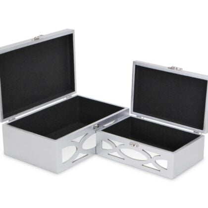 Set of Two Silver Oval Scroll Mirror Jewelry Storage Boxes
