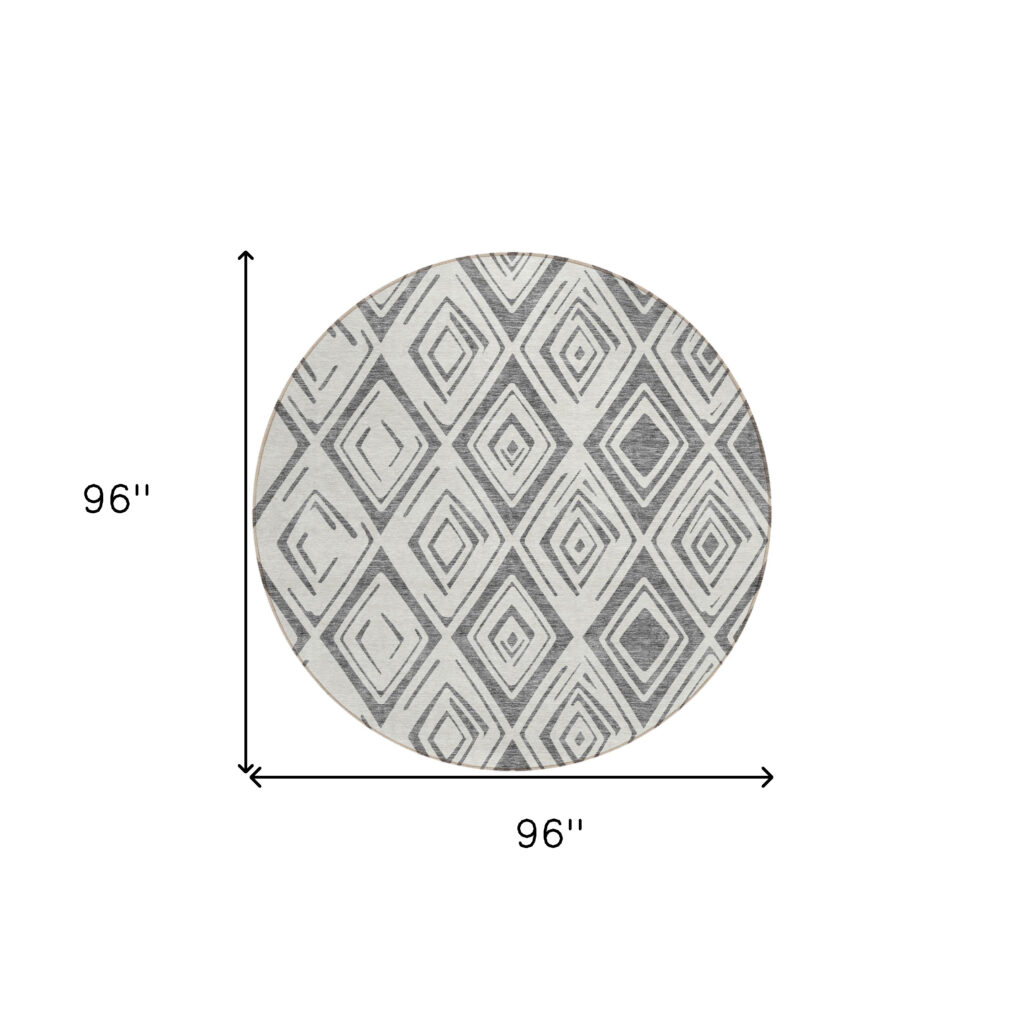 8' Gray And Ivory Round Geometric Washable Indoor Outdoor Area Rug