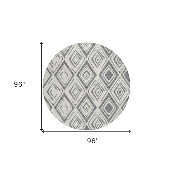 8' Gray And Ivory Round Geometric Washable Indoor Outdoor Area Rug