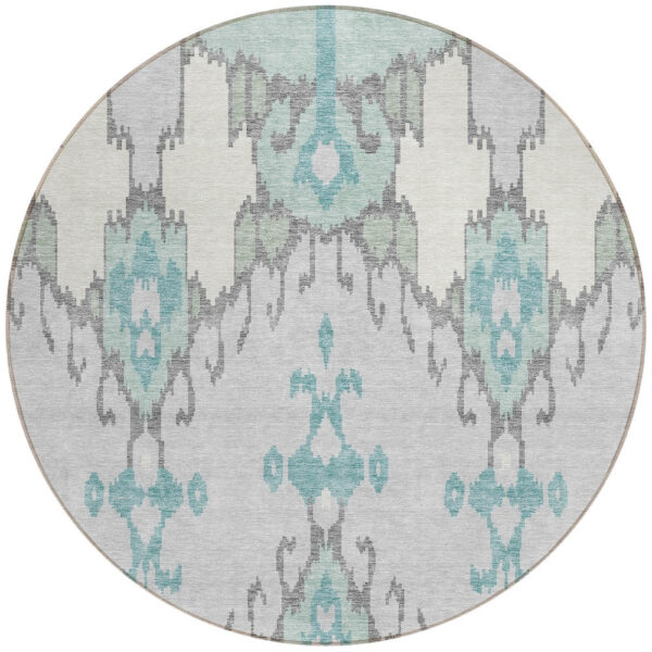 8' Mint Green Teal Blue And Ivory Round Ikat Washable Indoor Outdoor Area Rug