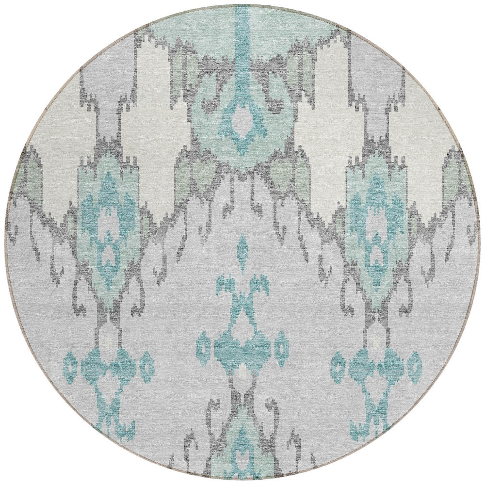 8' Mint Green Teal Blue And Ivory Round Ikat Washable Indoor Outdoor Area Rug