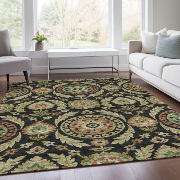 5' X 8' Black Gold And Copper Floral Washable Indoor Outdoor Area Rug