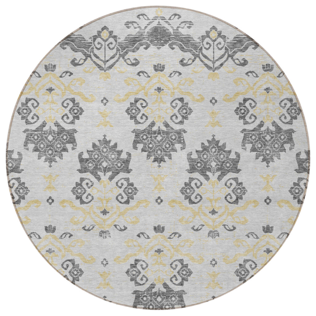 8' Charcoal Silver And Gold Round Oriental Washable Indoor Outdoor Area Rug