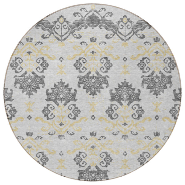 8' Charcoal Silver And Gold Round Oriental Washable Indoor Outdoor Area Rug