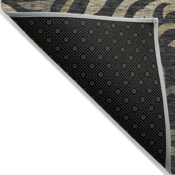 10' X 14' Black Taupe And Gold Floral Washable Indoor Outdoor Area Rug