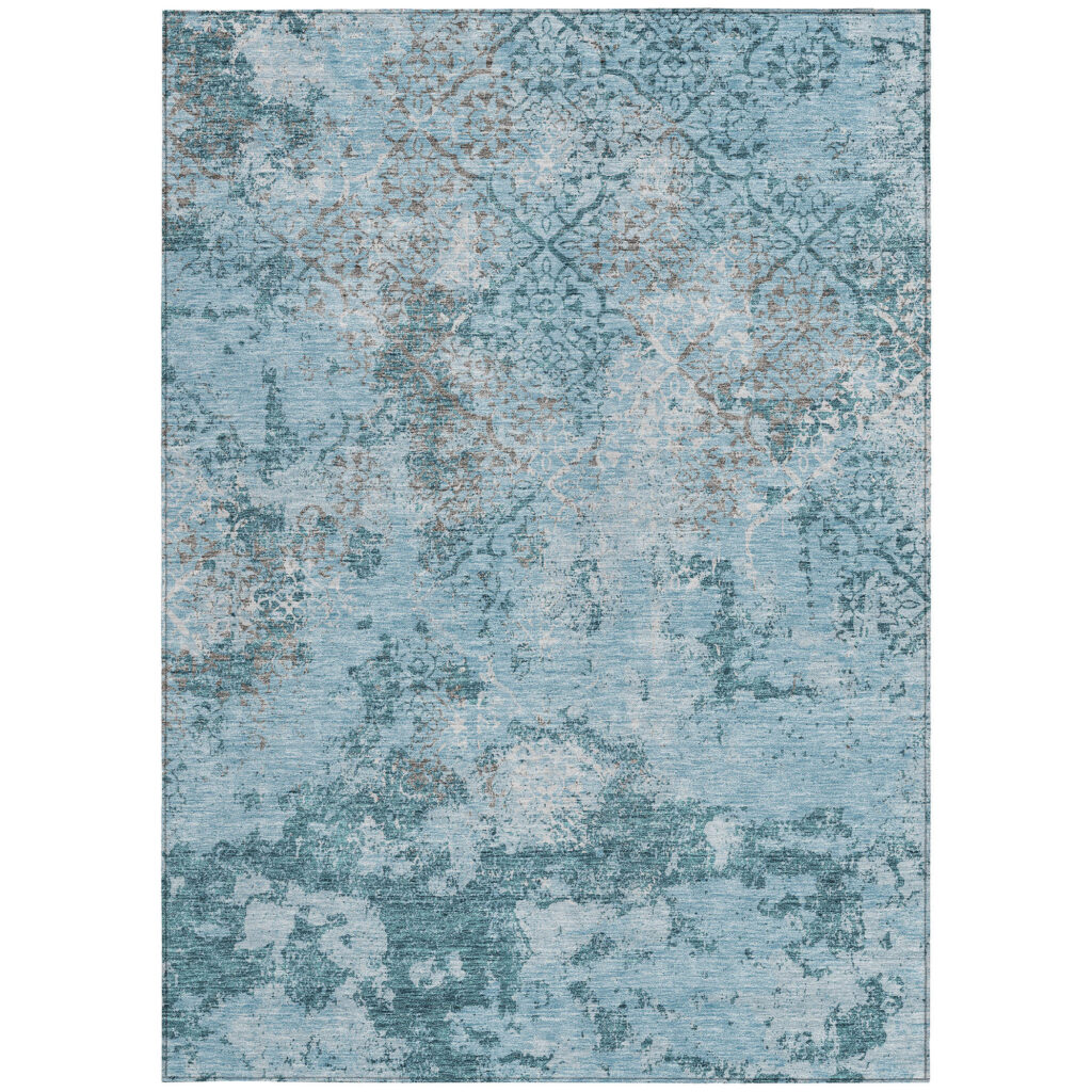 5' X 8' Teal Blue Aqua And Gray Floral Washable Indoor Outdoor Area Rug