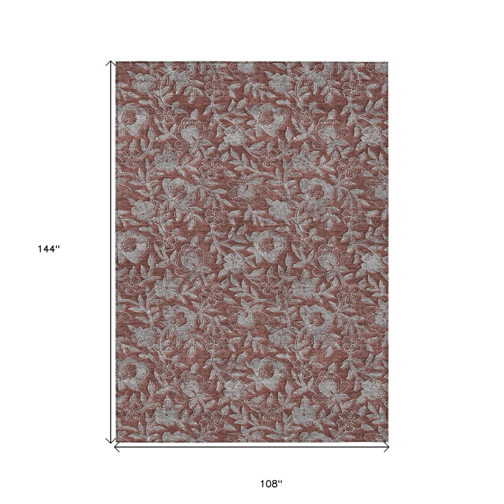 9' X 12' Orange Gray And Silver Floral Washable Indoor Outdoor Area Rug