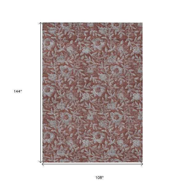 9' X 12' Orange Gray And Silver Floral Washable Indoor Outdoor Area Rug