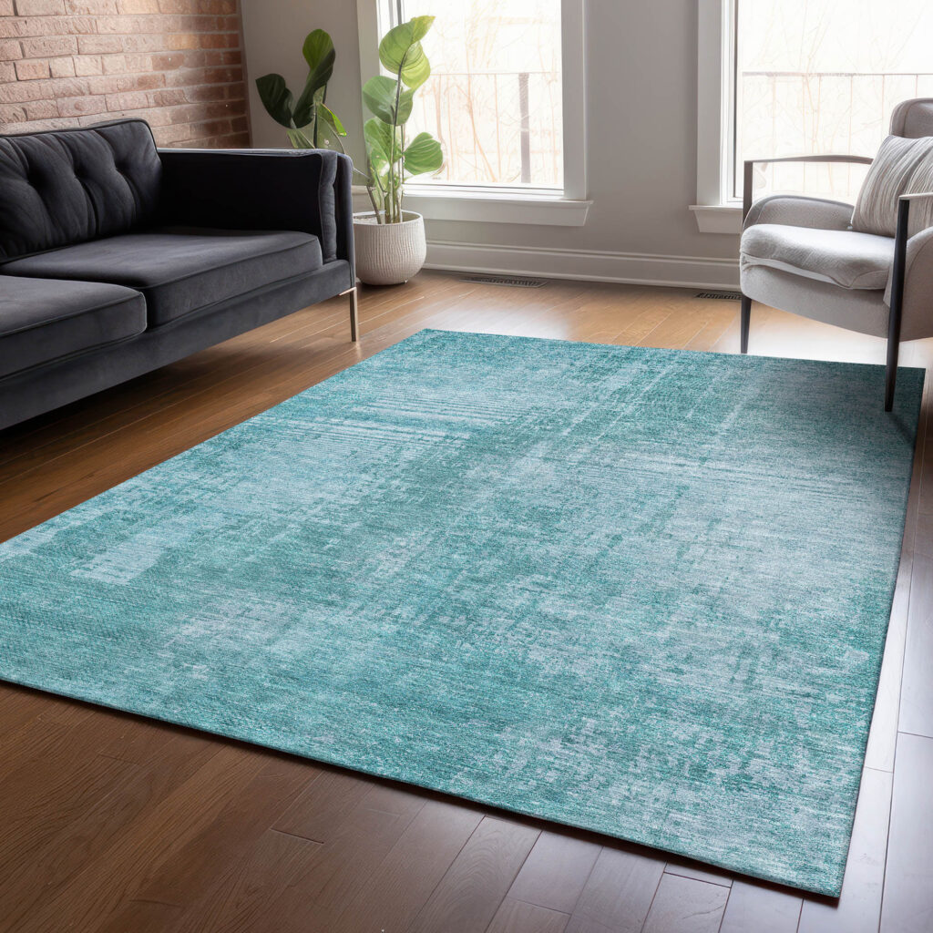 5' X 8' Aqua Teal Blue And Gray Abstract Washable Indoor Outdoor Area Rug