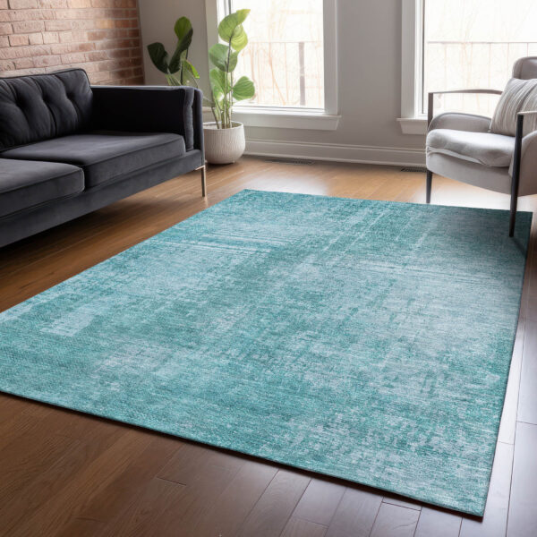 5' X 8' Aqua Teal Blue And Gray Abstract Washable Indoor Outdoor Area Rug