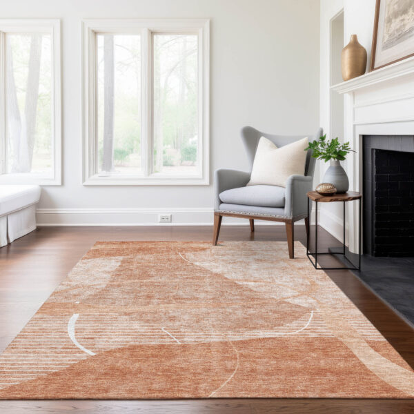 9' X 12' Salmon Copper And Ivory Abstract Washable Indoor Outdoor Area Rug