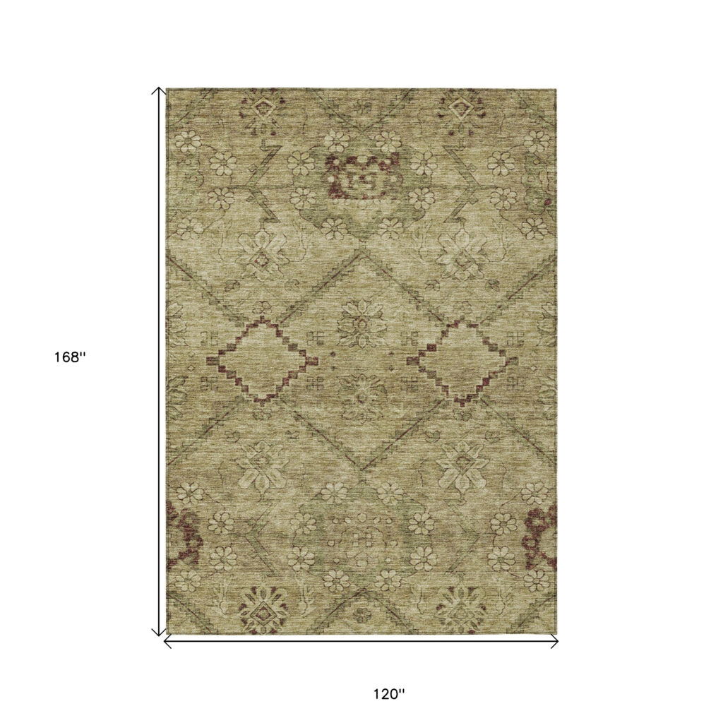 10' X 14' Brown Beige And Artichoke Green Floral Washable Indoor Outdoor Area Rug
