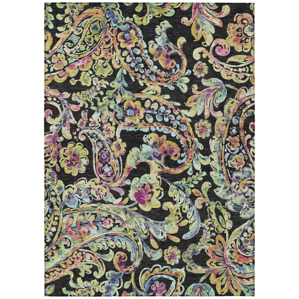 8' X 10' Black And Artichoke Green Paisley Washable Indoor Outdoor Area Rug