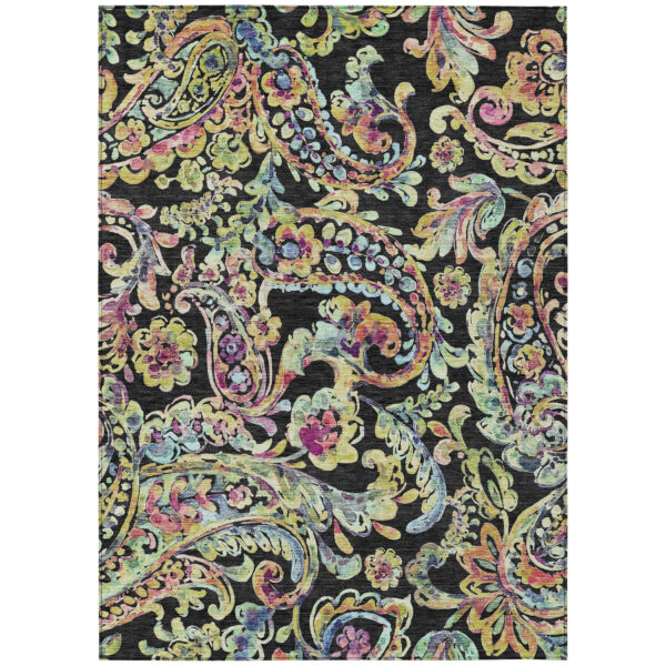 8' X 10' Black And Artichoke Green Paisley Washable Indoor Outdoor Area Rug