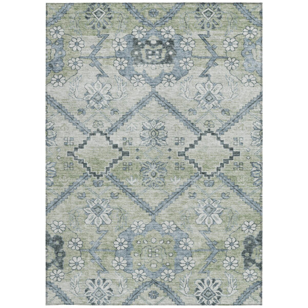 10' X 14' Artichoke Green Denim Blue And Silver Floral Washable Indoor Outdoor Area Rug