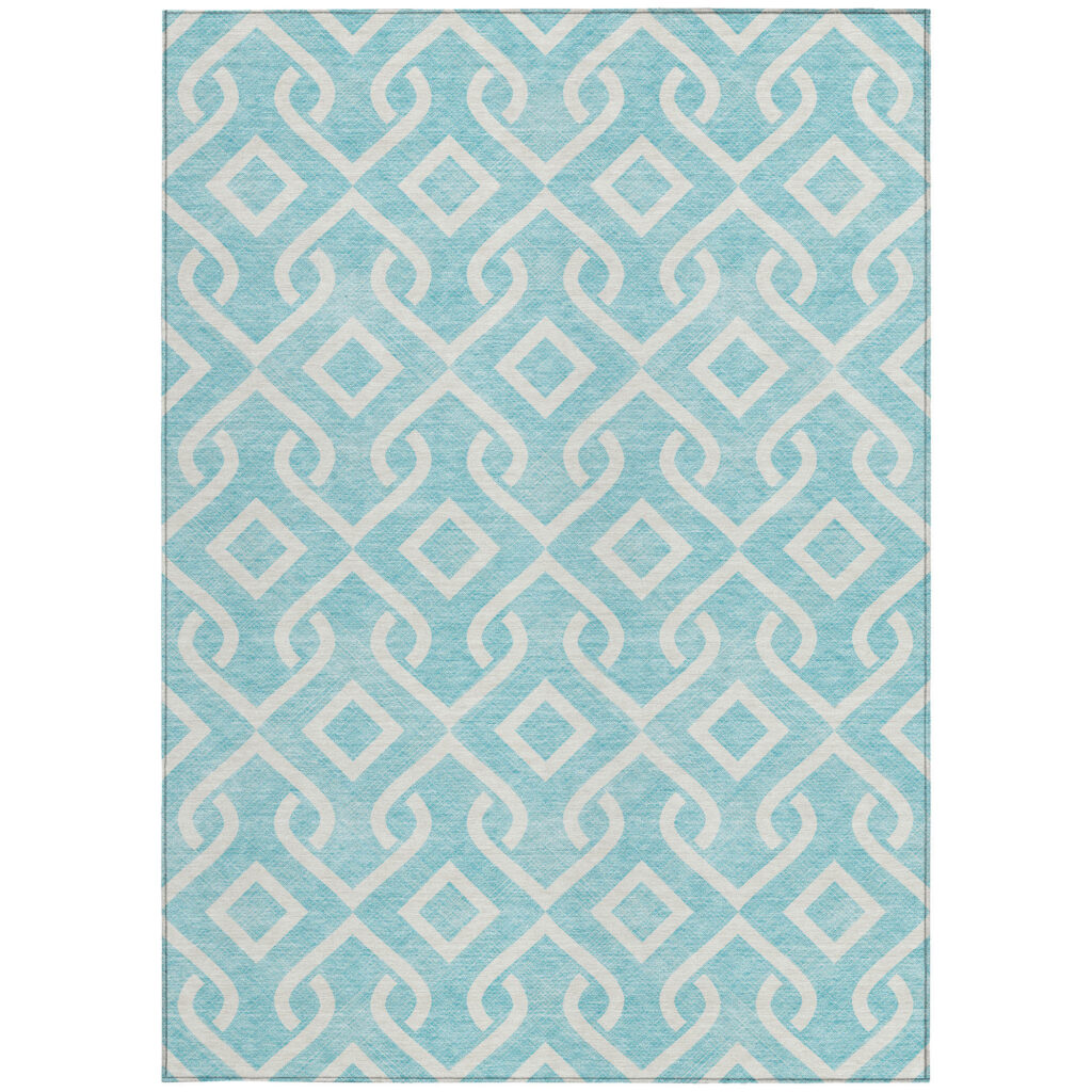 9' X 12' Aqua And Ivory Geometric Washable Indoor Outdoor Area Rug