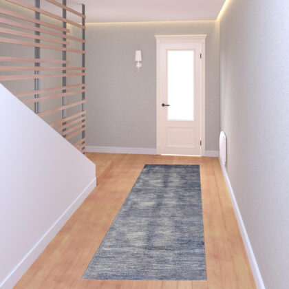 8' Blue Gray And Ivory Striped Power Loom Distressed Runner Rug