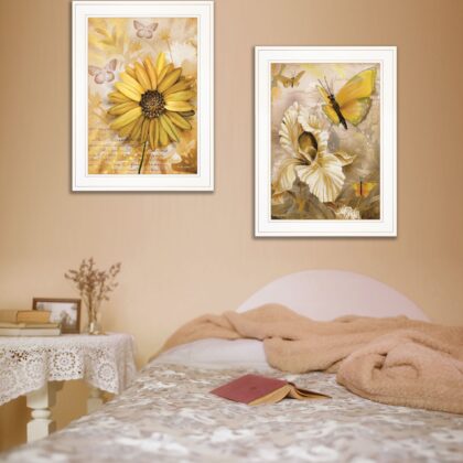 Set Of Two Yellow Flowers And Butterflies White Framed Print Wall Art