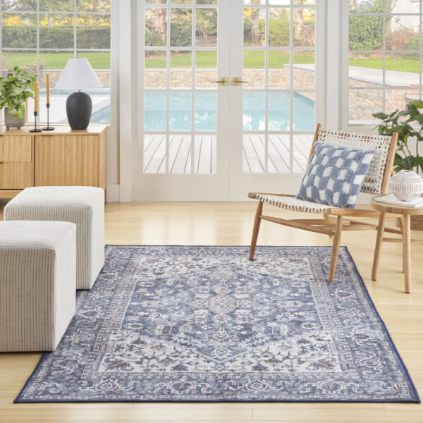 8' x 10' Gray Ivory and Blue Floral Distressed Washable Area Rug