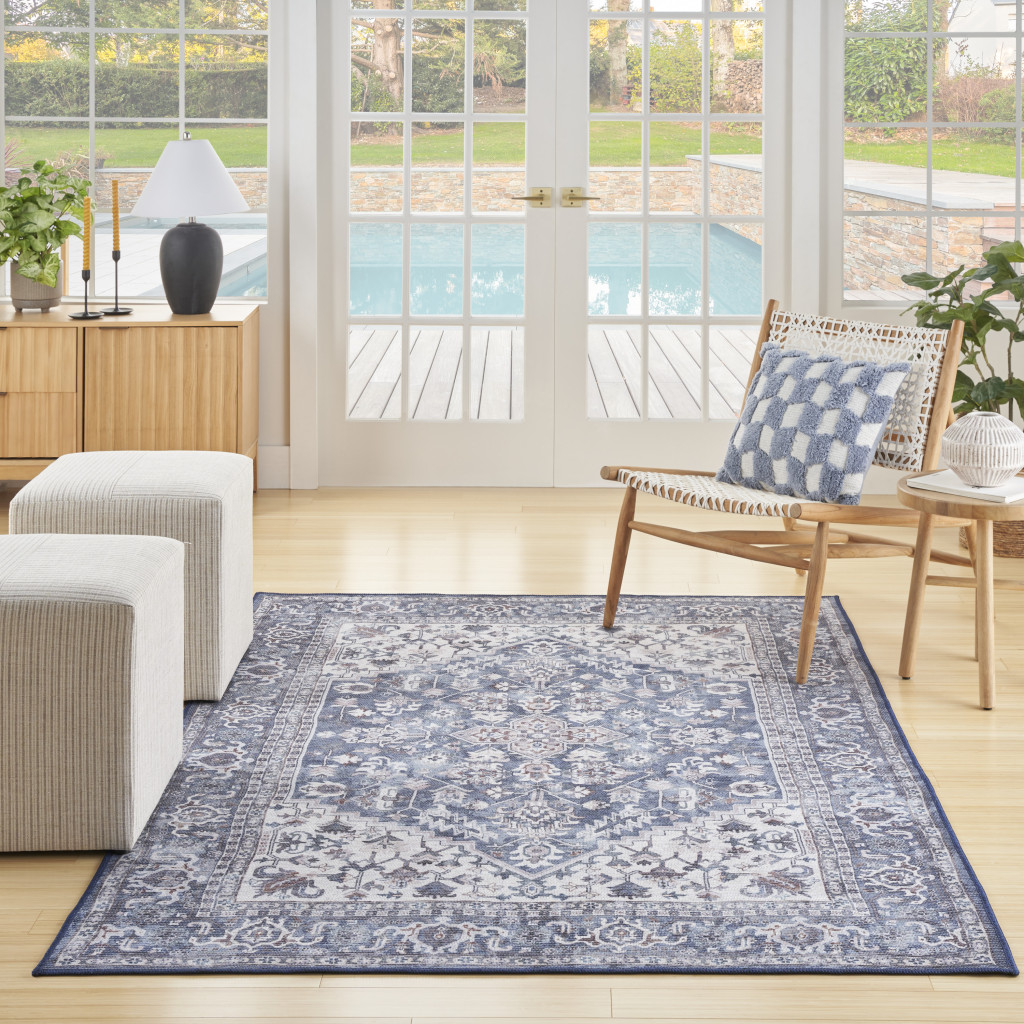 8' x 10' Gray Ivory and Blue Floral Distressed Washable Area Rug