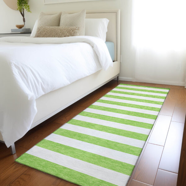 2' X 8' Lime Green and White Striped Washable Indoor Outdoor Runner Rug