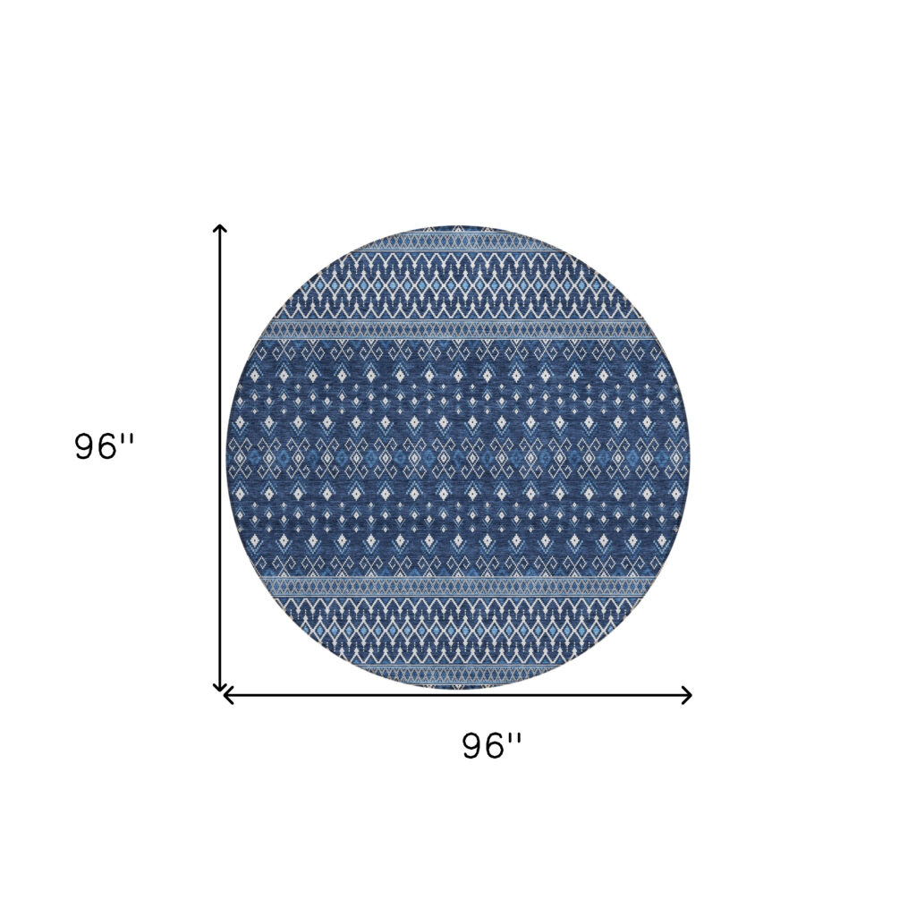 8' Navy Blue And Denim Blue Round Tribal Washable Indoor Outdoor Area Rug