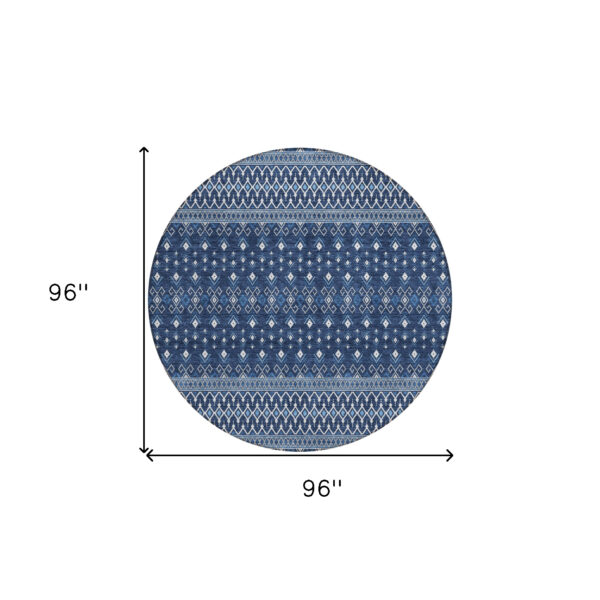 8' Navy Blue And Denim Blue Round Tribal Washable Indoor Outdoor Area Rug