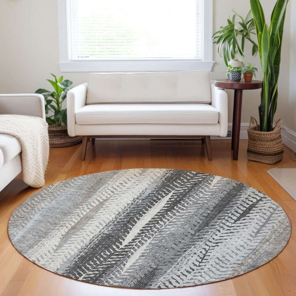 8' Khaki Ivory And Gray Round Botanical Leaves Washable Indoor Outdoor Area Rug