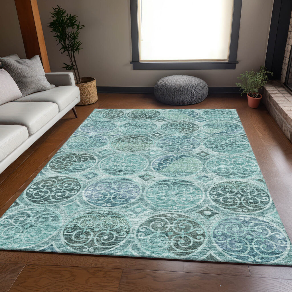 3' X 5' Teal Blue And Aqua Trellis Washable Indoor Outdoor Area Rug