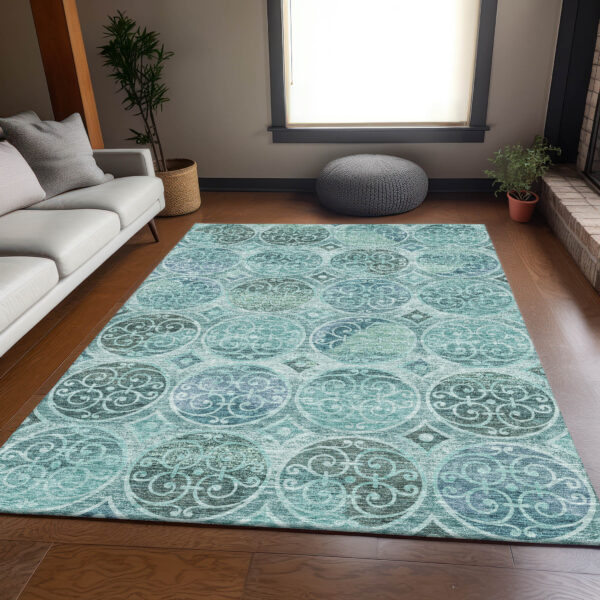 3' X 5' Teal Blue And Aqua Trellis Washable Indoor Outdoor Area Rug