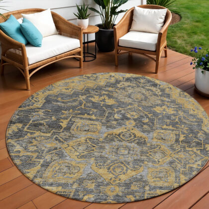 8' Gray Charcoal And Silver Round Oriental Washable Indoor Outdoor Area Rug