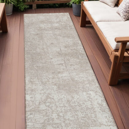 8' Runner Ivory Abstract Washable Non Skid Indoor Outdoor Runner Rug