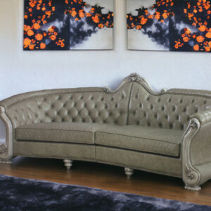 113" Vintage Bone Faux Leather And White Sofa With Seven Toss Pillows