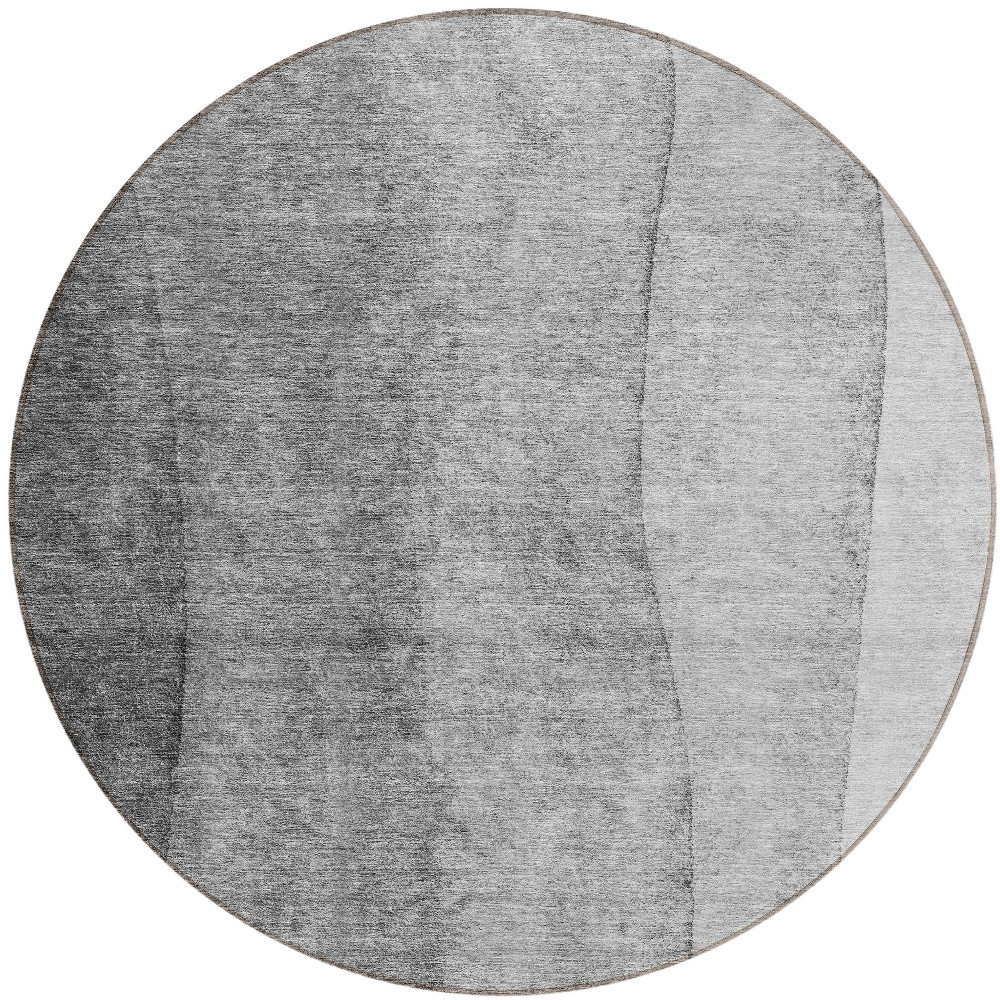 8' Gray Silver And Charcoal Round Ombre Washable Indoor Outdoor Area Rug