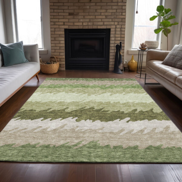 9' X 12' Beige And Olive Green Striped Washable Indoor Outdoor Area Rug