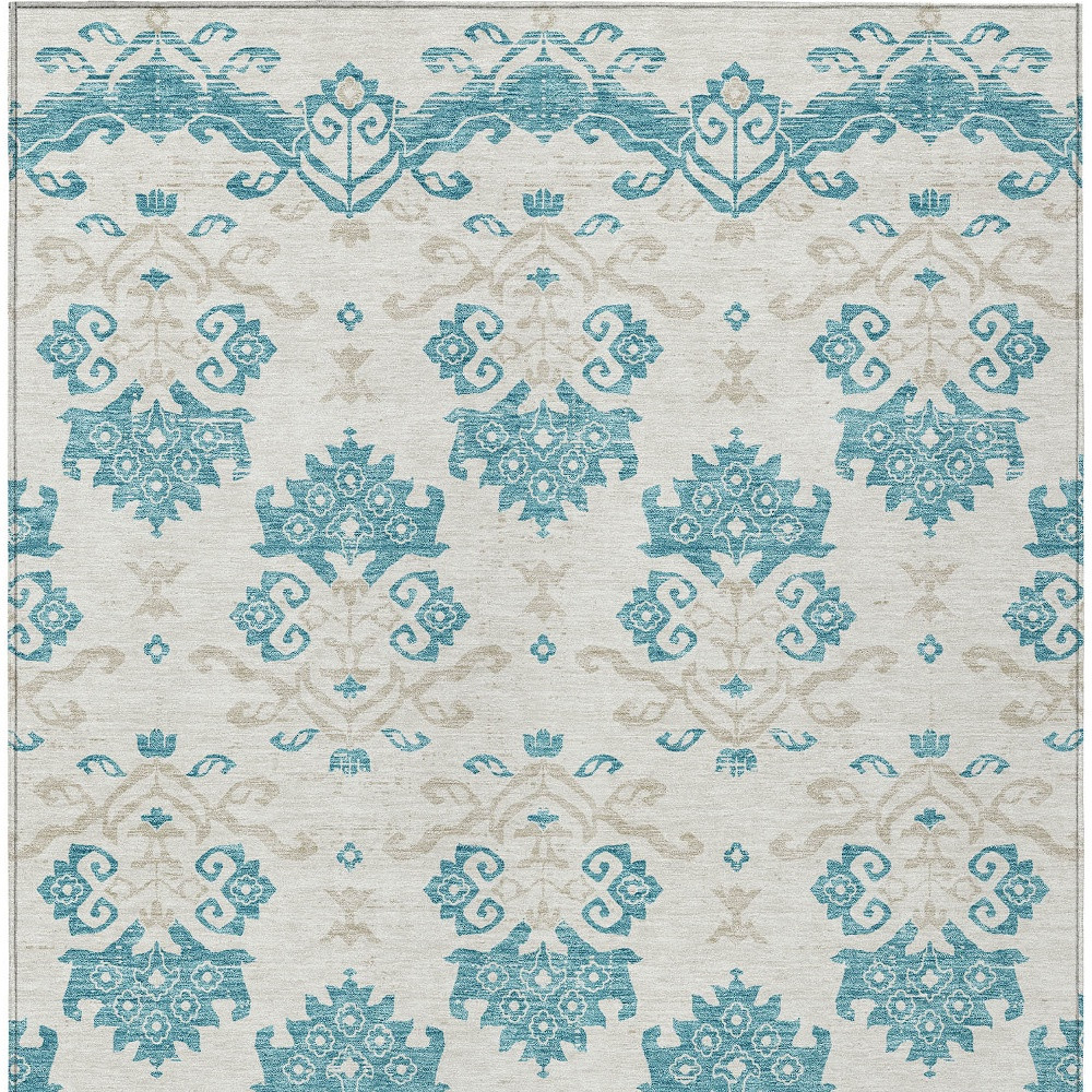 8' X 10' Teal Blue Silver And Gray Oriental Washable Indoor Outdoor Area Rug