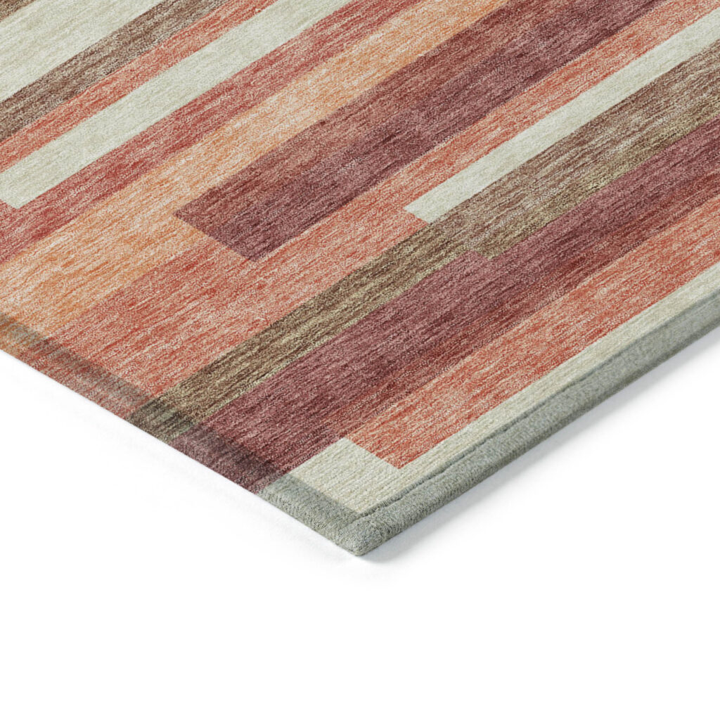 9' X 12' Coral Peach And Taupe Striped Washable Indoor Outdoor Area Rug