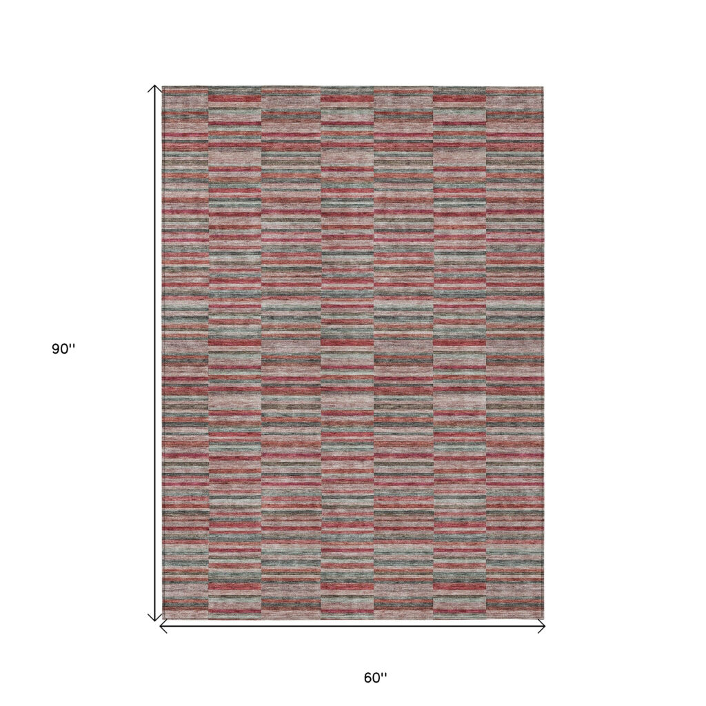 5' X 8' Red Beige And Copper Striped Washable Indoor Outdoor Area Rug