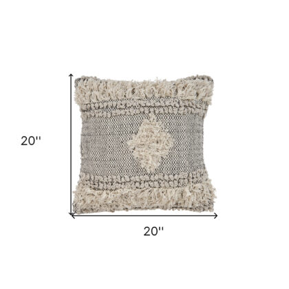 20" X 20" Natural and Black Geometric Cotton Zippered Pillow With Fringe