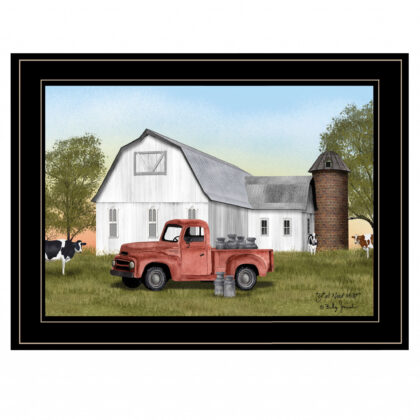 Red Milk Truck on the Farm Black Framed Print Wall Art