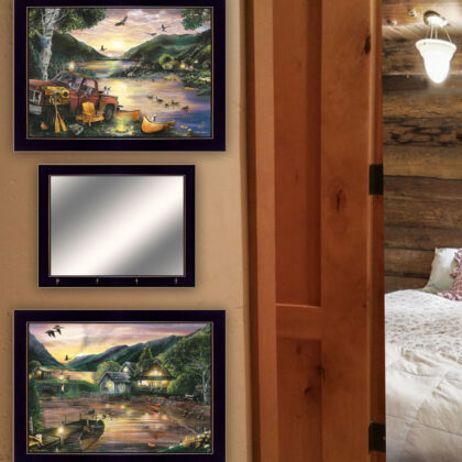 Set Of Three Lakefront Camping 3 Black Framed Print Wall Art with Mirror