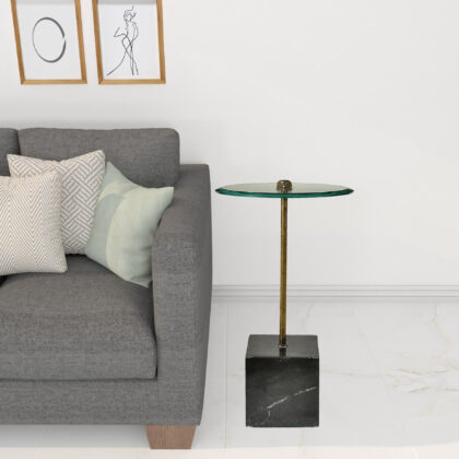 22" Black And Clear Glass And Marble Round End Table