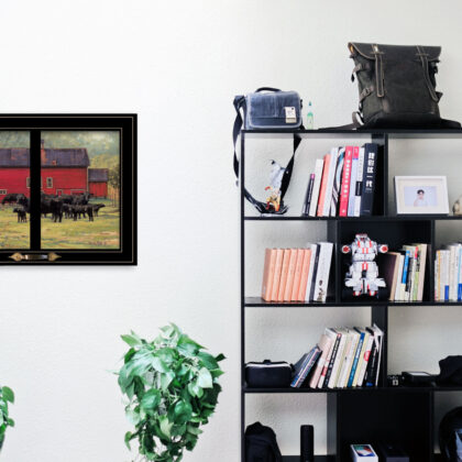 By The Red Barn Herd Of Angus 2 Black Framed Print Wall Art