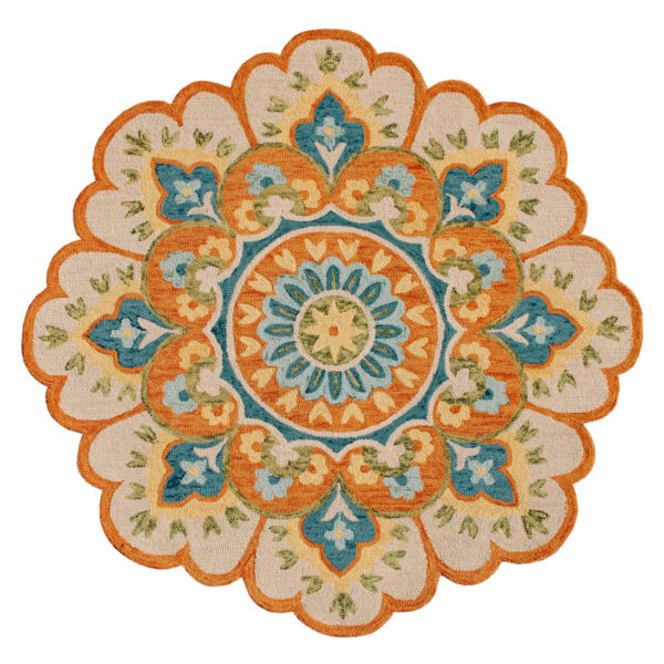 4' Orange and Blue Round Wool Floral Hand Tufted Area Rug