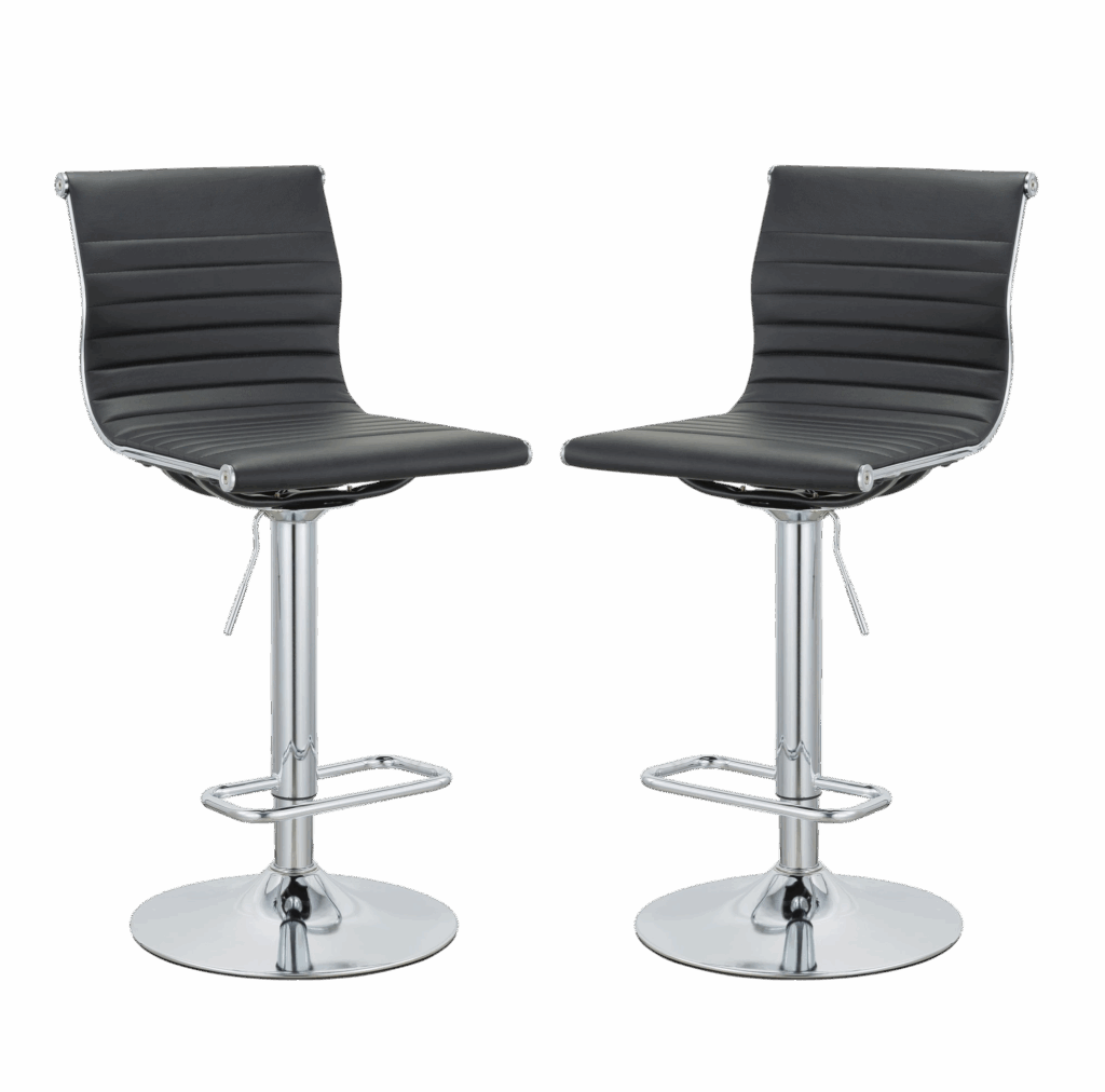 Set of Two Black and Silver Faux Leather and Metal Low Back Adjustable Height Bar Chairs