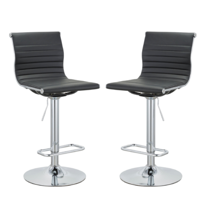 Set of Two Black and Silver Faux Leather and Metal Low Back Adjustable Height Bar Chairs