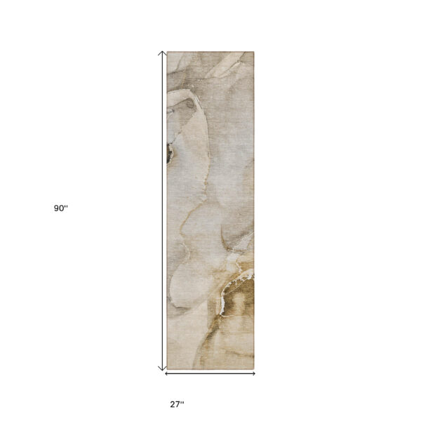2' X 8' Beige and Brown Abstract Washable Indoor Outdoor Runner Rug